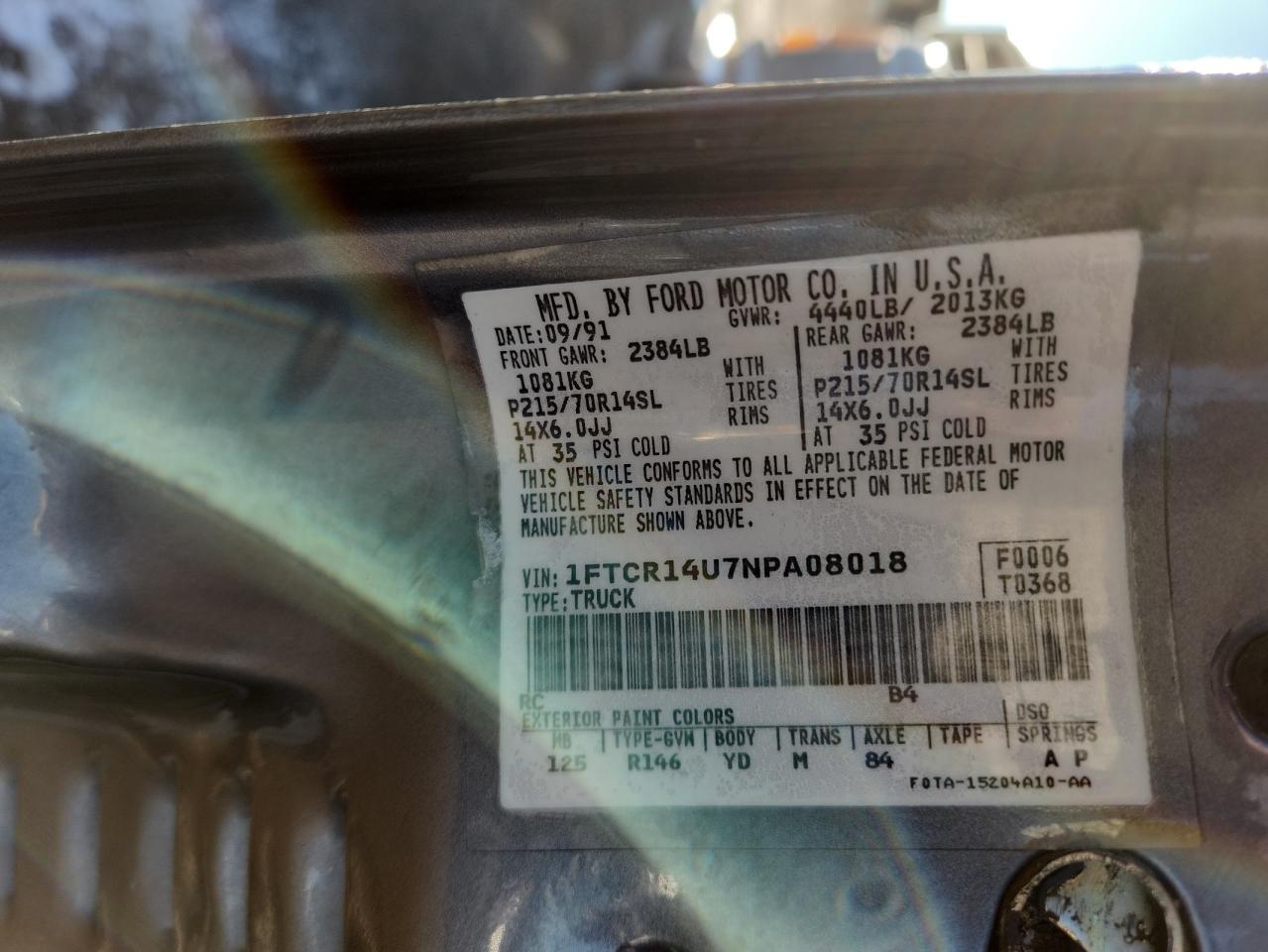 1992 Ford Ranger Super Cab VIN: 1FTCR14U7NPA08018 Lot: 91552905