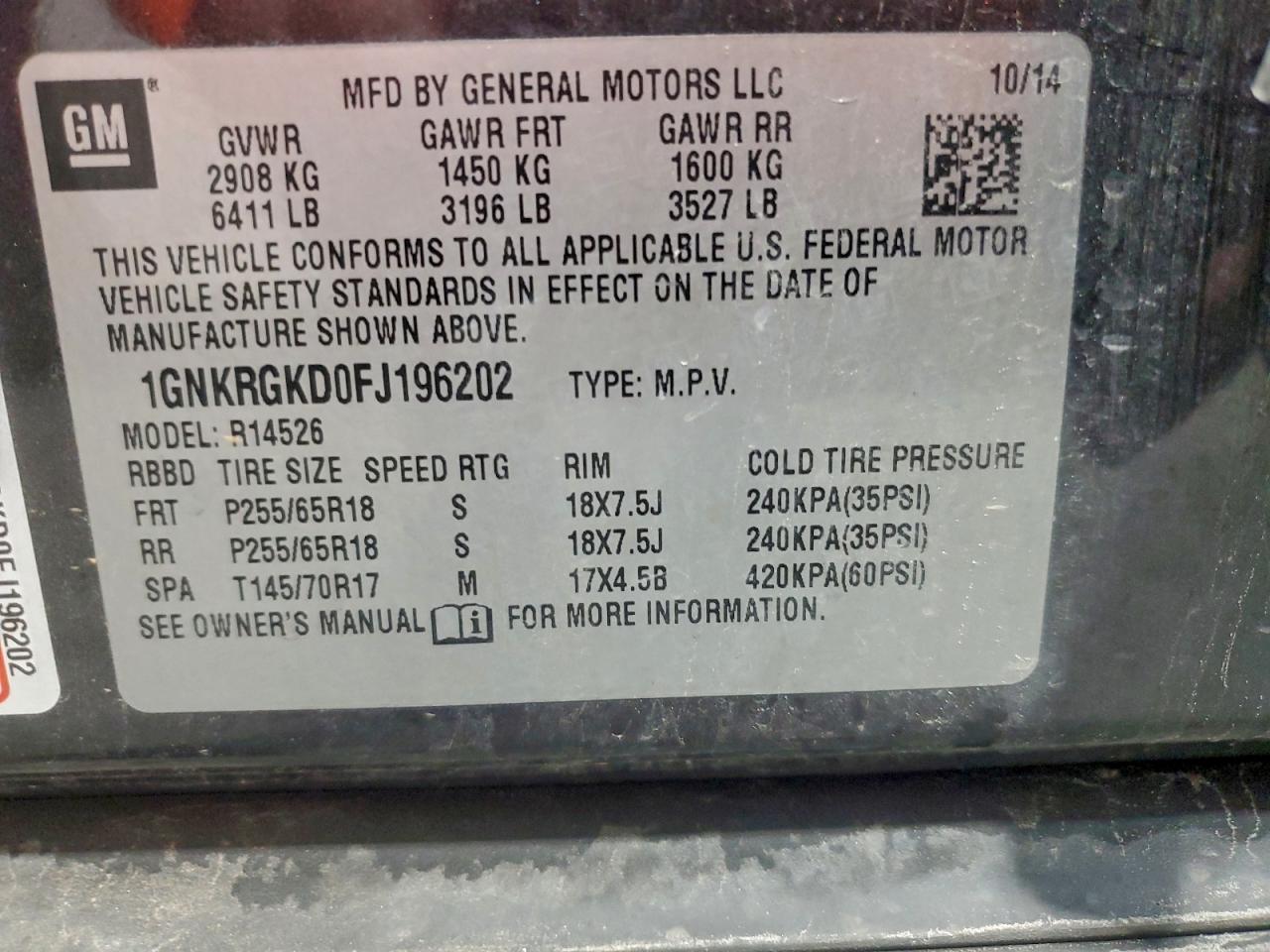 2015 Chevrolet Traverse Lt VIN: 1GNKRGKD0FJ196202 Lot: 94042815