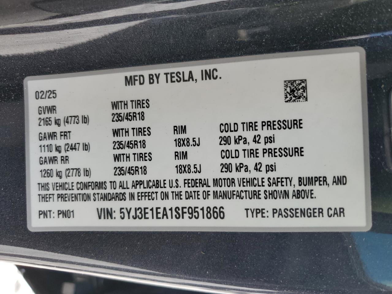2025 Tesla Model 3 VIN: 5YJ3E1EA1SF951866 Lot: 90042135
