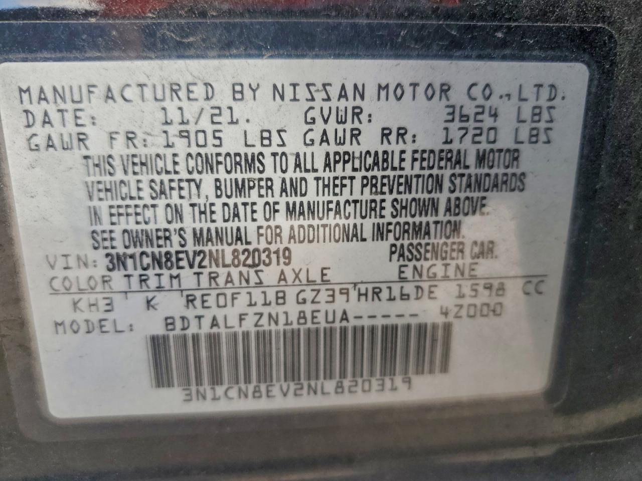 2022 Nissan Versa Sv VIN: 3N1CN8EV2NL820319 Lot: 94276905