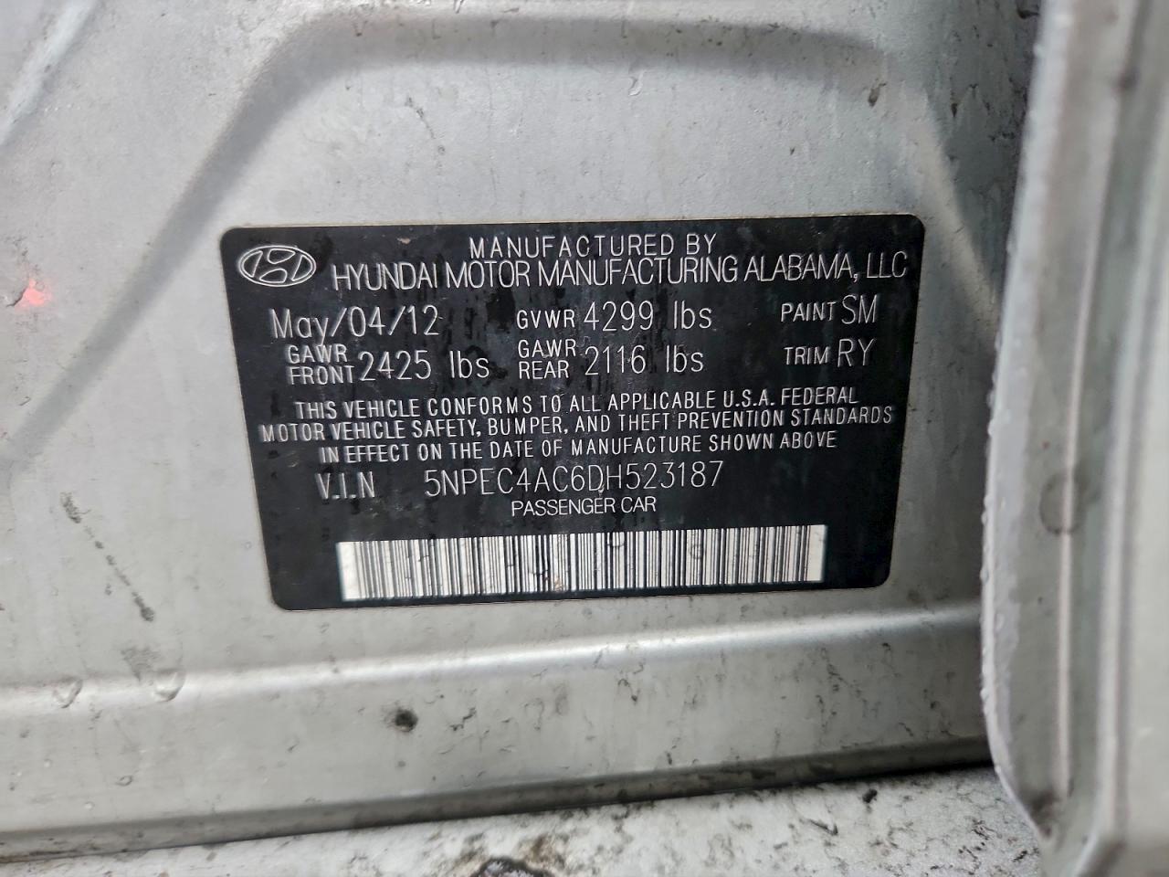 2013 Hyundai Sonata Se VIN: 5NPEC4AC6DH523187 Lot: 93799135