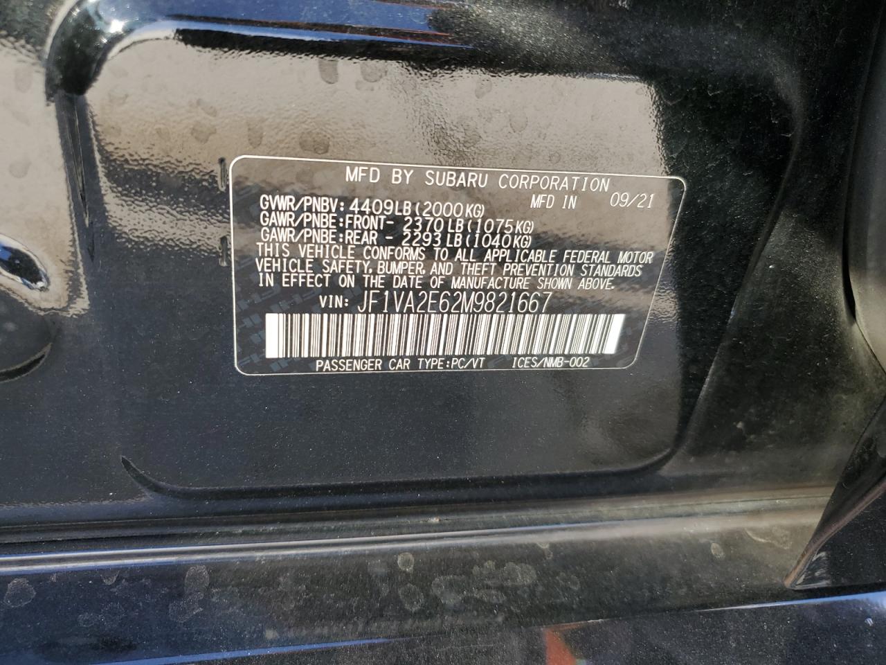 2021 Subaru Wrx Sti VIN: JF1VA2E62M9821667 Lot: 92320905