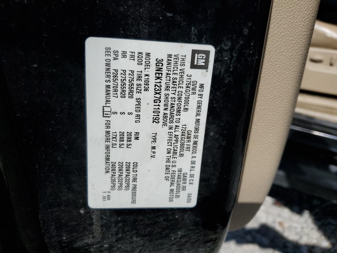 2007 Chevrolet Avalanche K1500 VIN: 3GNEK123X7G110192 Lot: 86168065