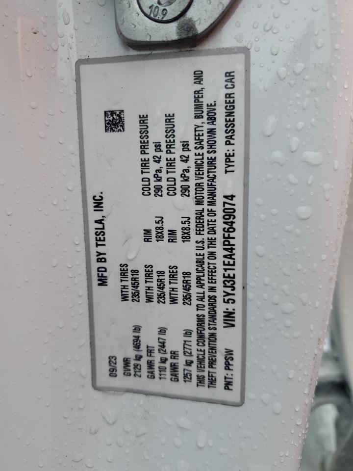 2023 Tesla Model 3 VIN: 5YJ3E1EA4PF649074 Lot: 93708265