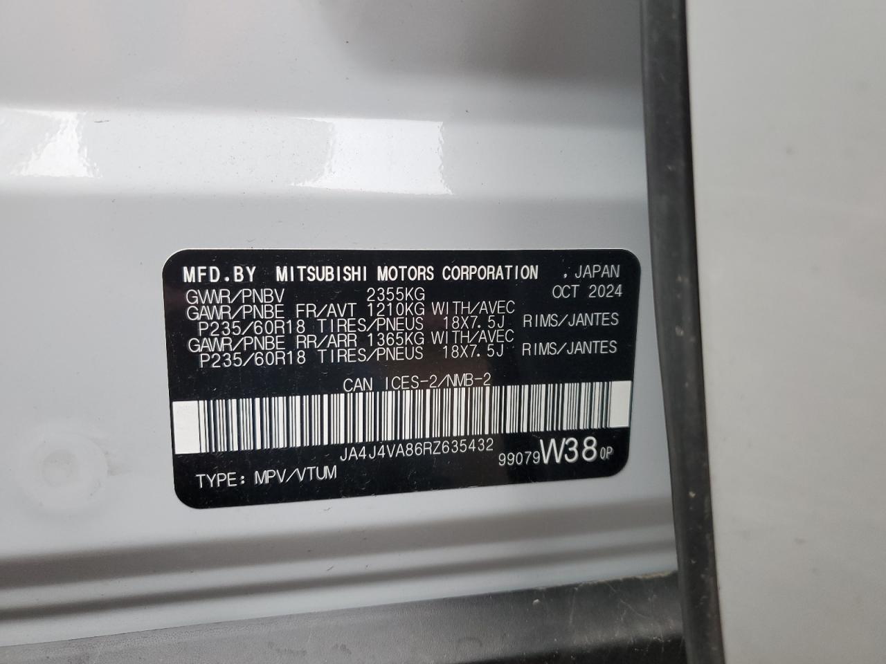 2024 Mitsubishi Outlander Se VIN: JA4J4VA86RZ635432 Lot: 91964235