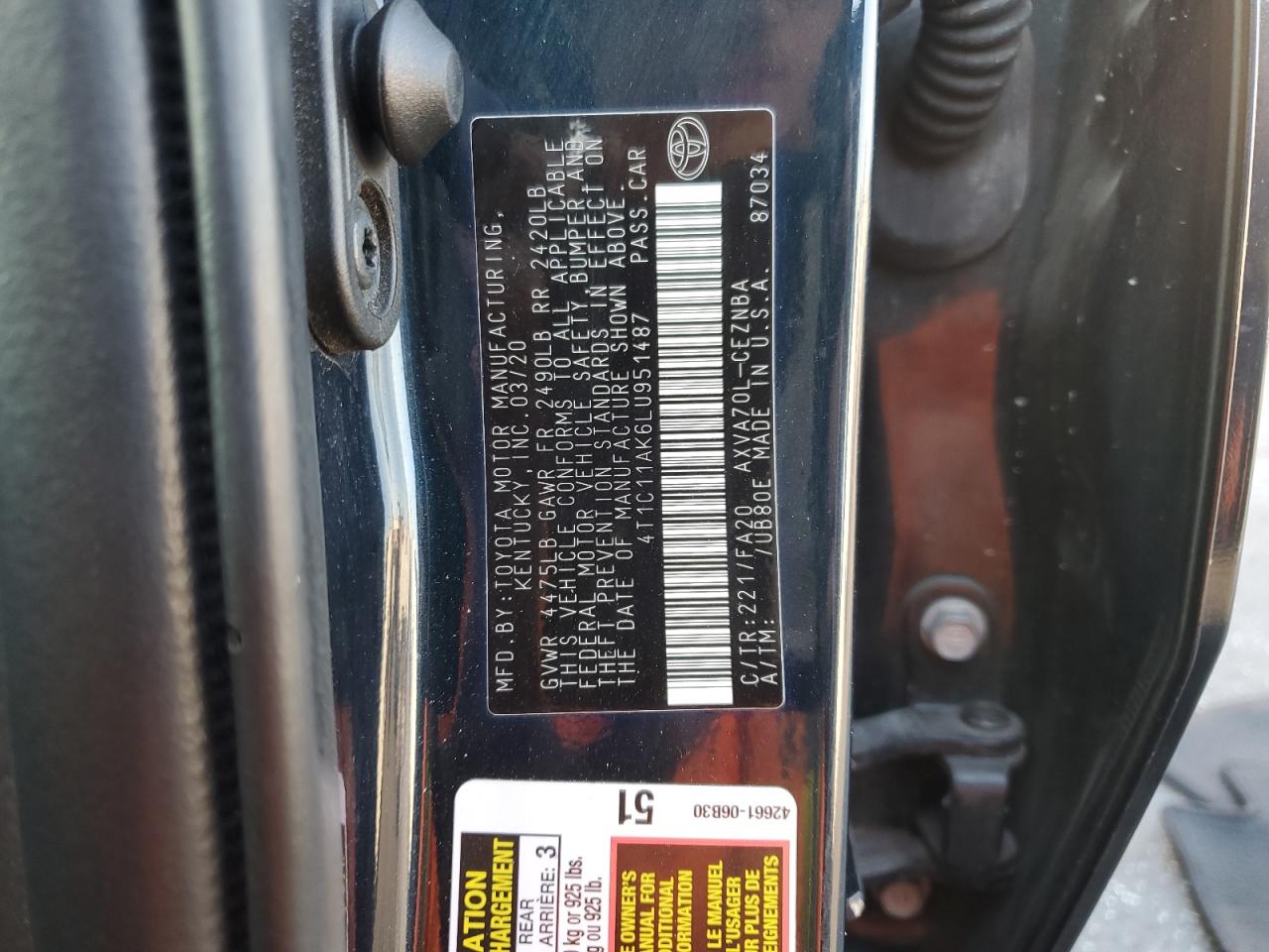 2020 Toyota Camry Le VIN: 4T1C11AK6LU951487 Lot: 93638255