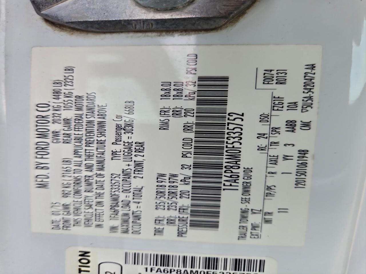 2015 Ford Mustang VIN: 1FA6P8AM0F5335752 Lot: 94597355