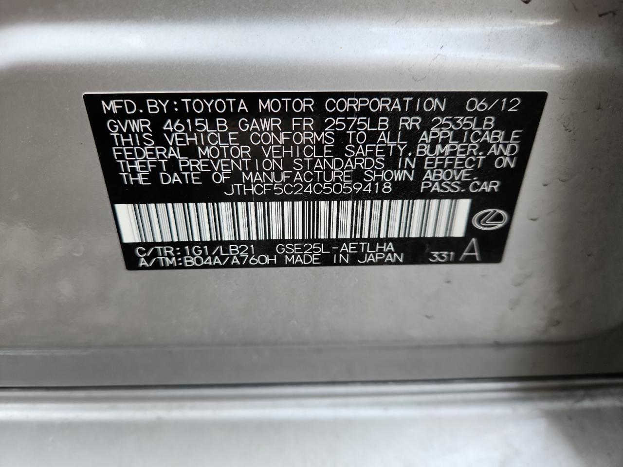 2012 Lexus Is 250 VIN: JTHCF5C24C5059418 Lot: 93441785