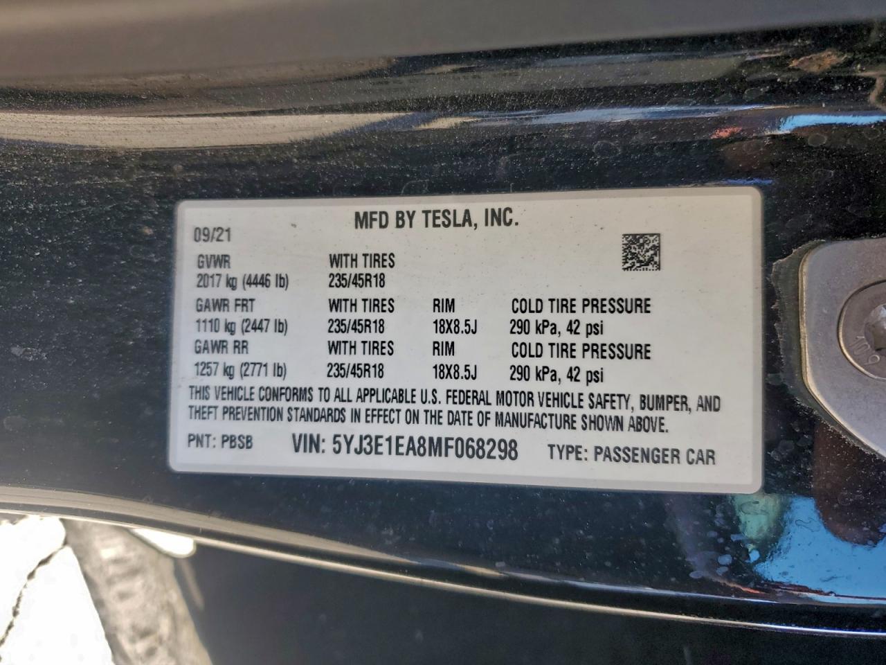 2021 Tesla Model 3 VIN: 5YJ3E1EA8MF068298 Lot: 94537685