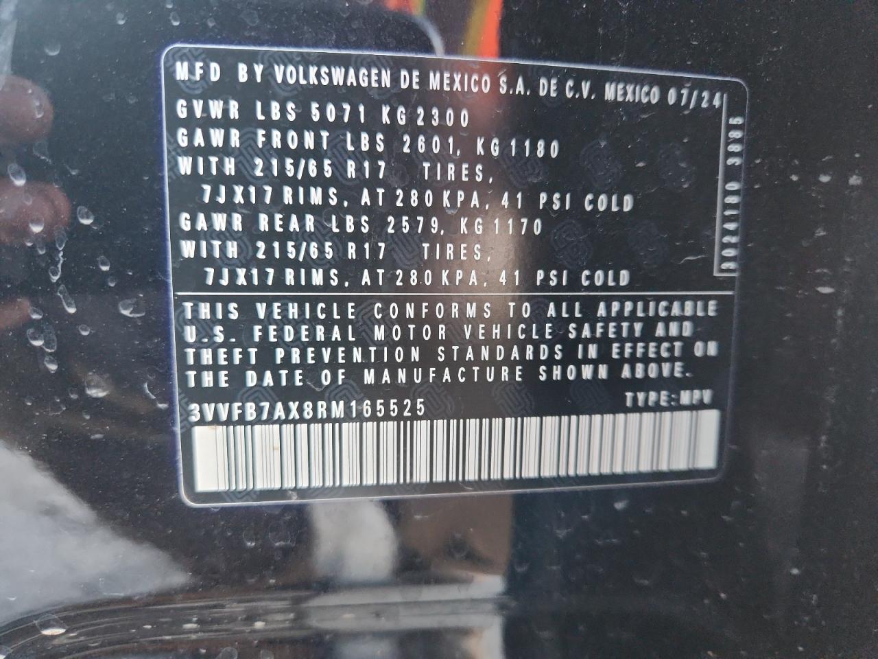 2024 Volkswagen Tiguan S VIN: 3VVFB7AX8RM165525 Lot: 93033285