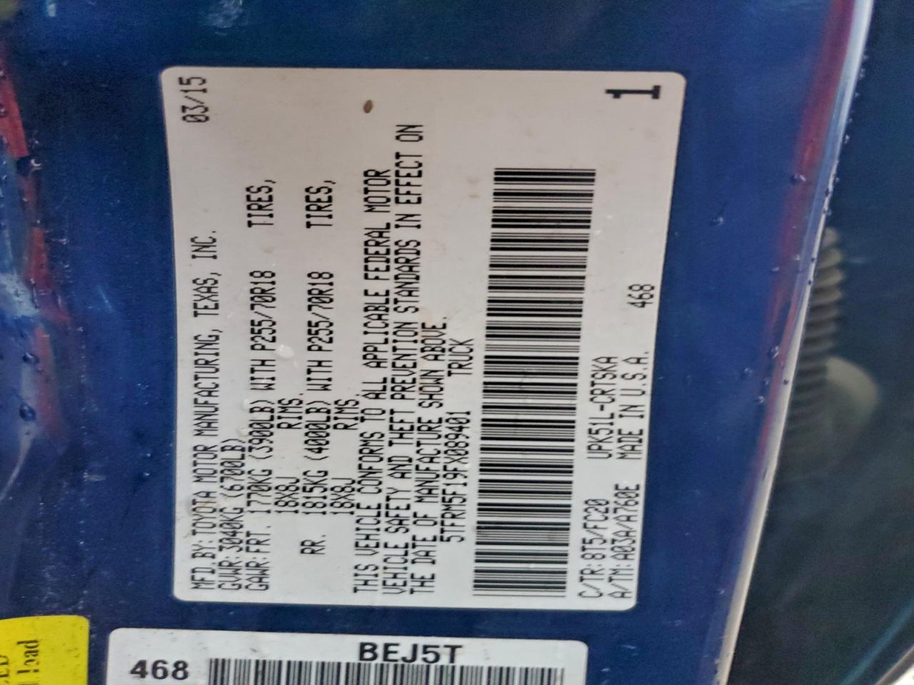 2015 Toyota Tundra Double Cab Sr VIN: 5TFRM5F19FX089401 Lot: 93947765