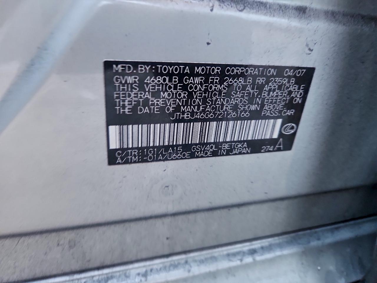 2007 Lexus Es 350 VIN: JTHBJ46G672126166 Lot: 94327055