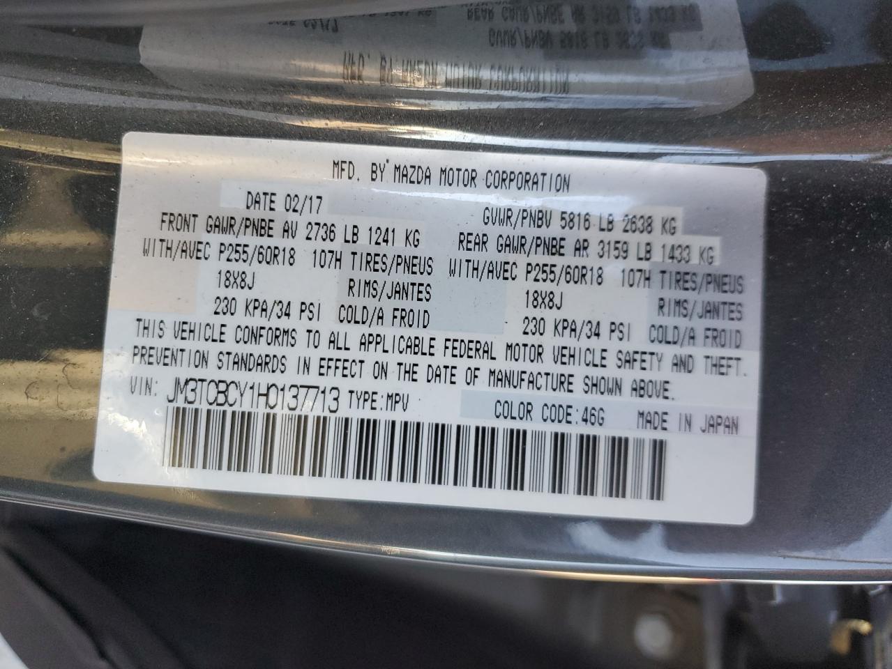 2017 Mazda Cx-9 Touring VIN: JM3TCBCY1H0137713 Lot: 92389415