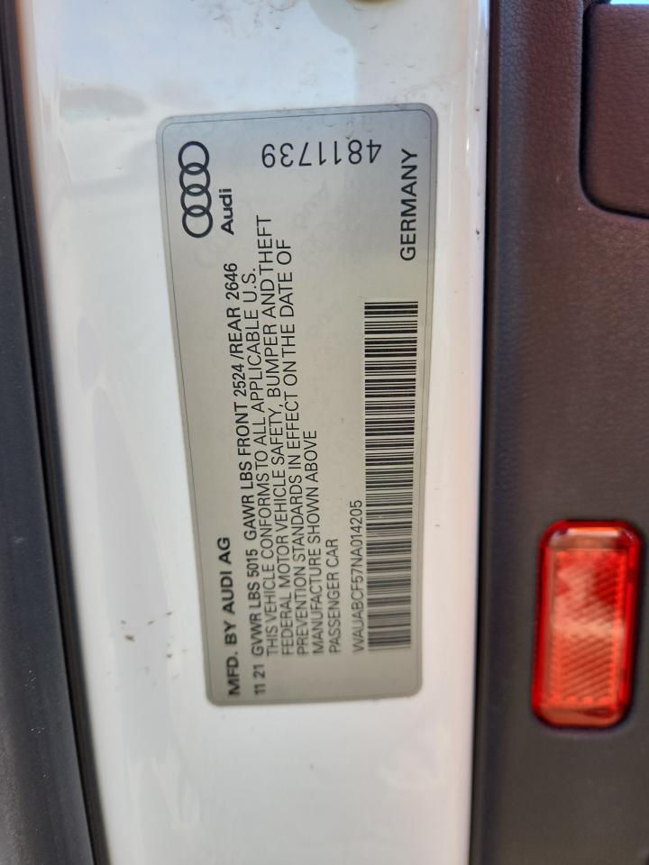 2022 Audi A5 Premium 40 VIN: WAUABCF57NA014205 Lot: 91128705