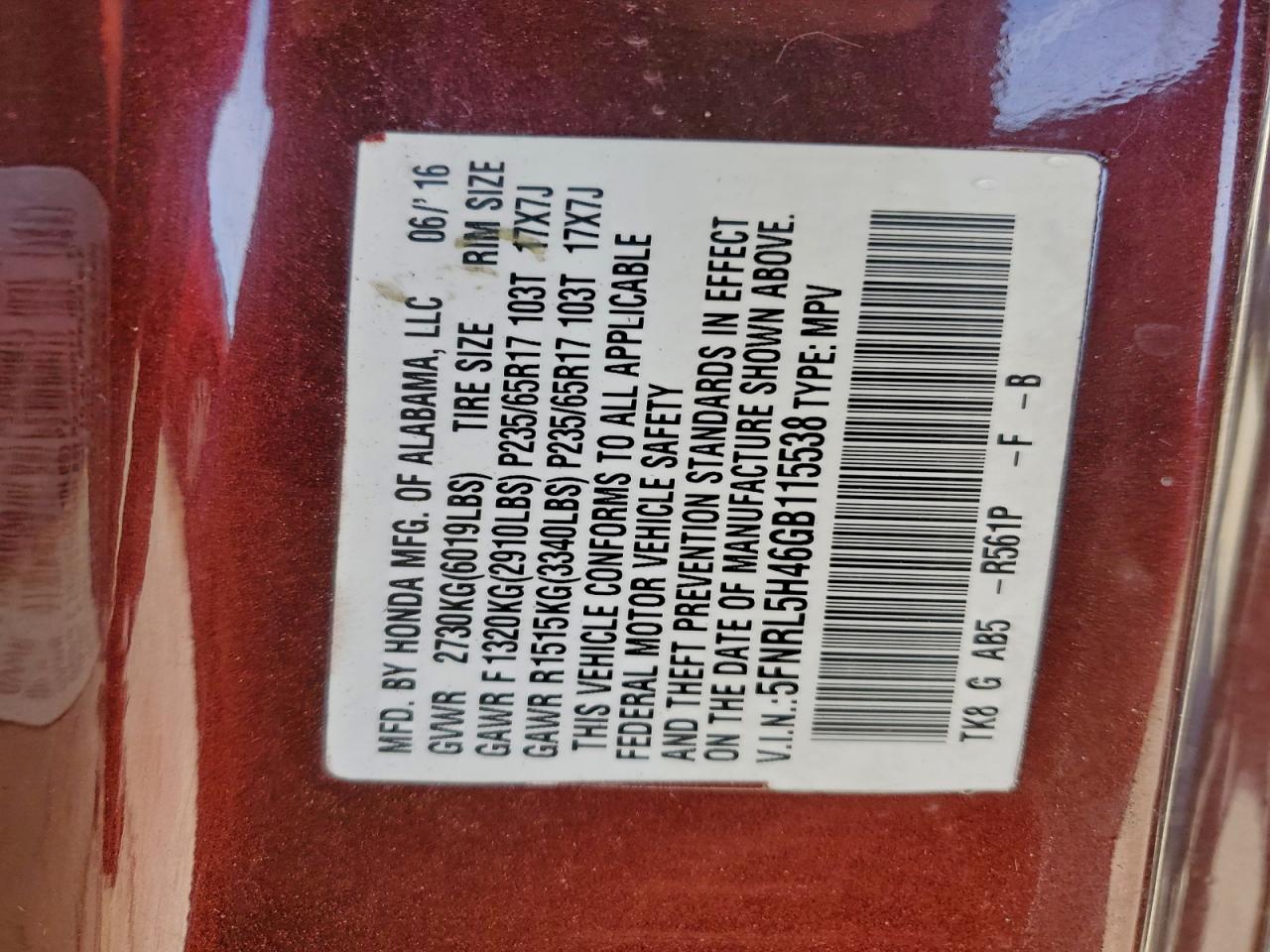 2016 Honda Odyssey Ex VIN: 5FNRL5H46GB115538 Lot: 93643515