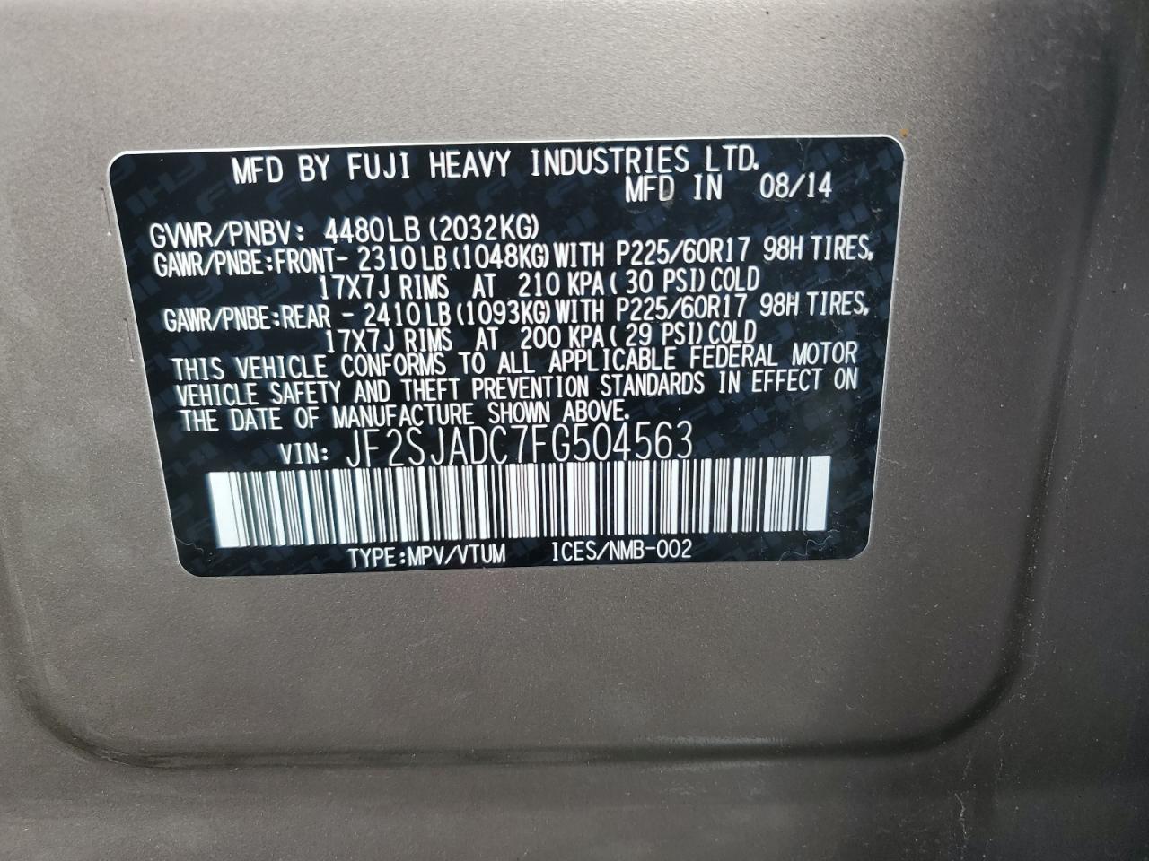 2015 Subaru Forester 2.5I Premium VIN: JF2SJADC7FG504563 Lot: 92680645