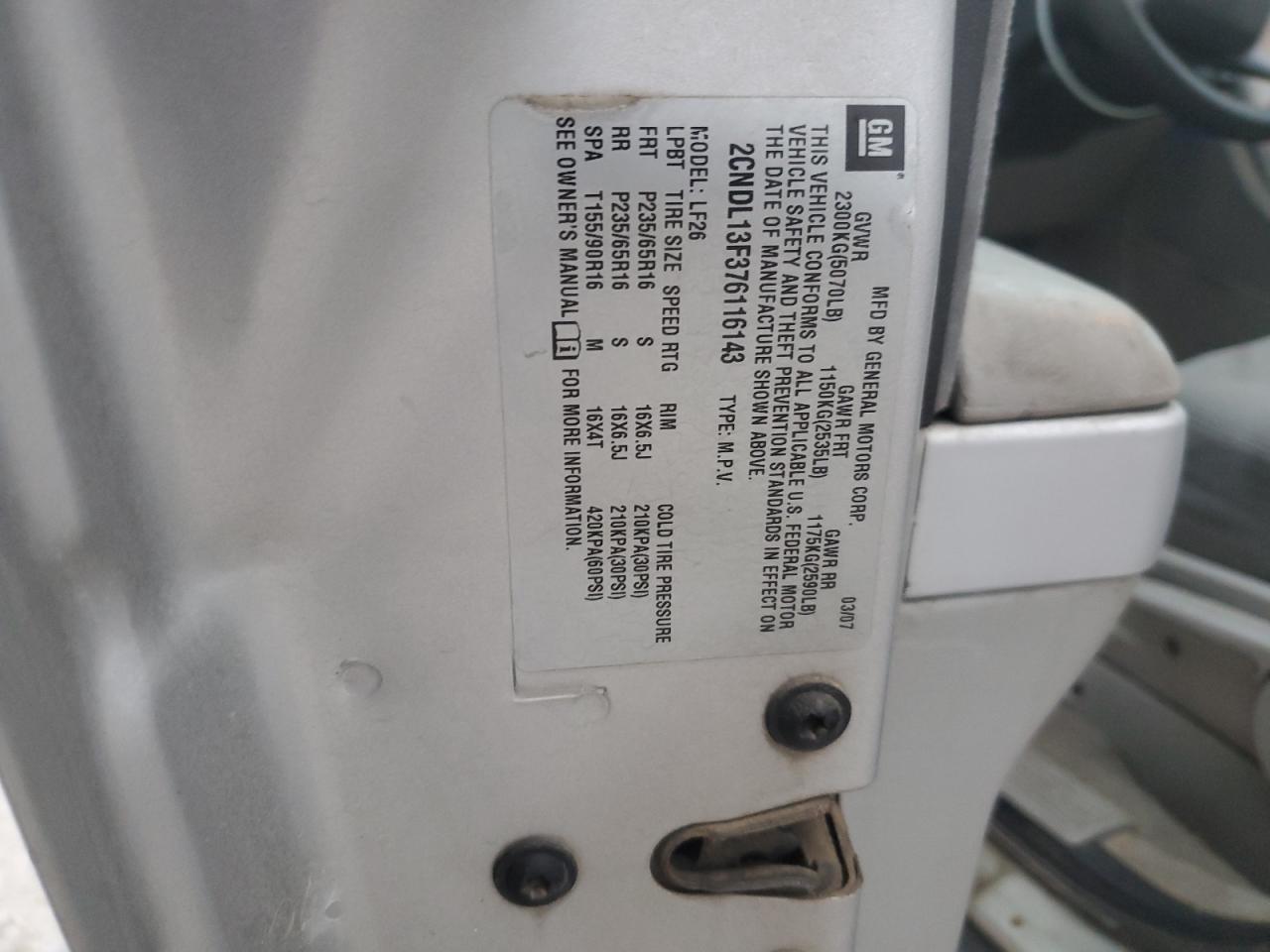 2007 Chevrolet Equinox Ls VIN: 2CNDL13F376116143 Lot: 93557425