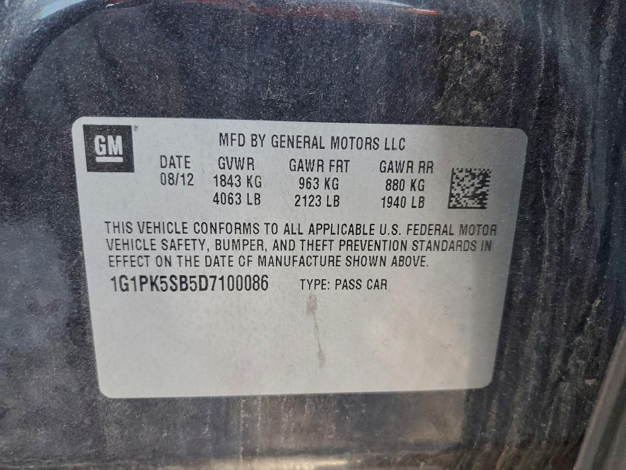 2013 Chevrolet Cruze Lt VIN: 1G1PK5SB5D7100086 Lot: 93973475