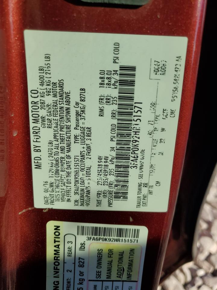 2017 Ford Fusion Titanium VIN: 3FA6P0K92HR151571 Lot: 92980685