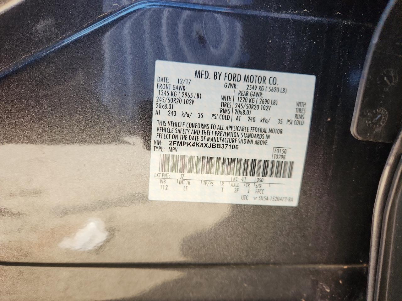 2018 Ford Edge Titanium VIN: 2FMPK4K8XJBB37106 Lot: 92827825