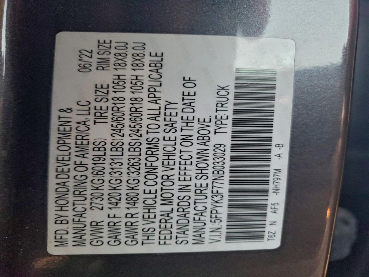 2022 Honda Ridgeline Rtl VIN: 5FPYK3F77NB033029 Lot: 93971075