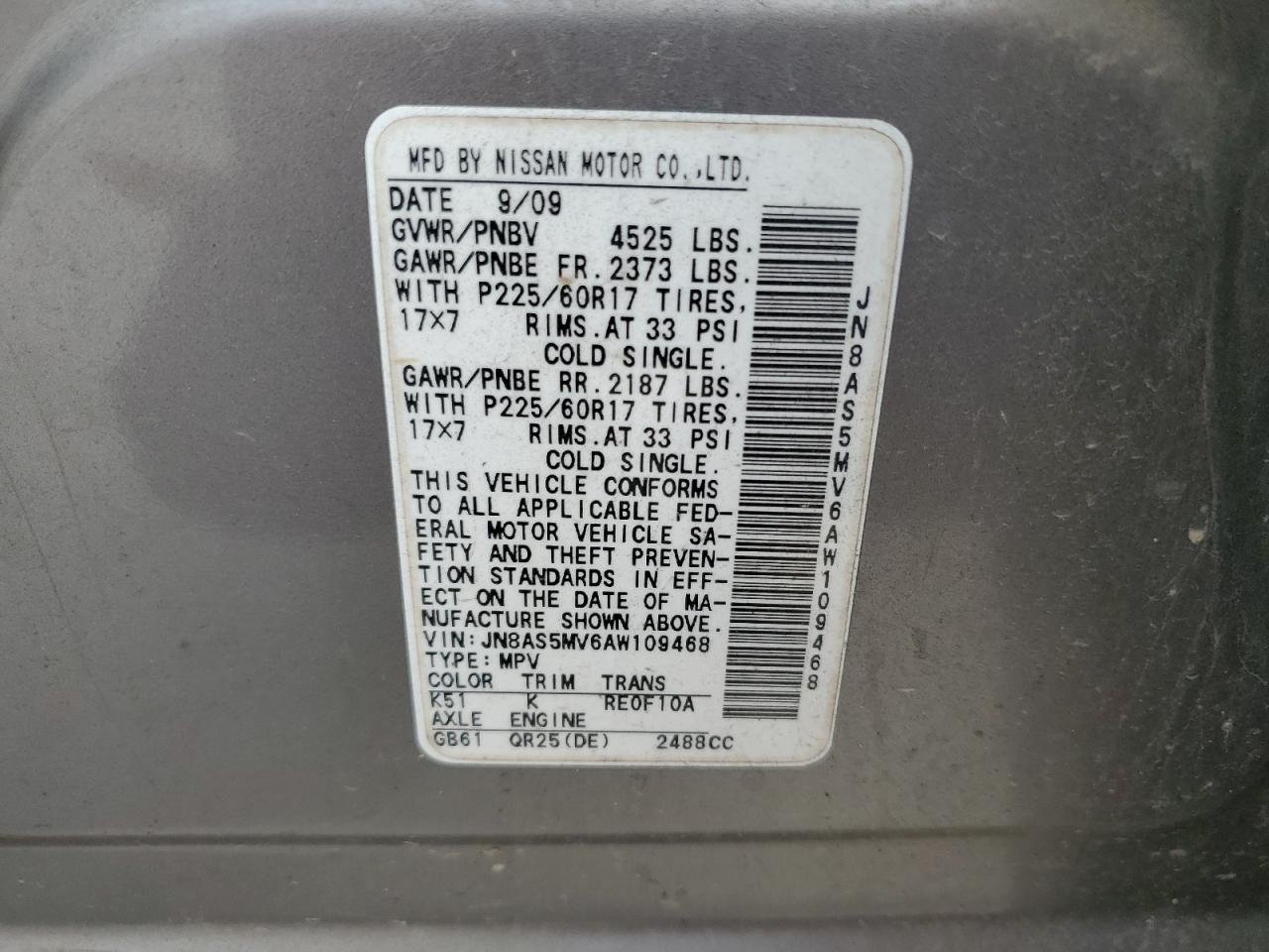 2010 Nissan Rogue S VIN: JN8AS5MV6AW109468 Lot: 93342885