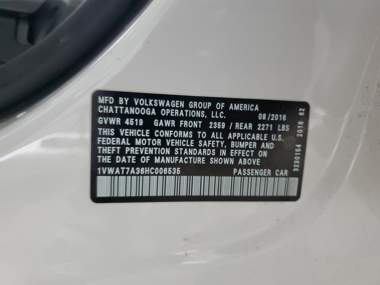 2017 Volkswagen Passat S VIN: 1VWAT7A36HC006535 Lot: 93130825