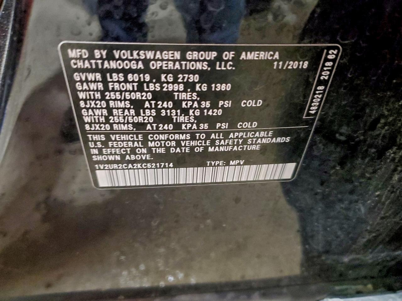 2019 Volkswagen Atlas Se VIN: 1V2UR2CA2KC521714 Lot: 93843625