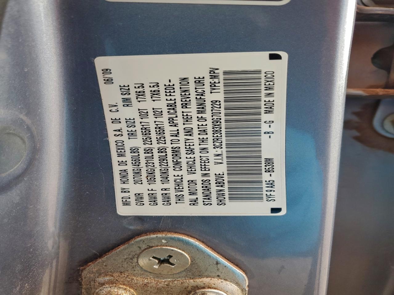 2009 Honda Cr-V Lx VIN: 3CZRE383X9G707229 Lot: 94593265