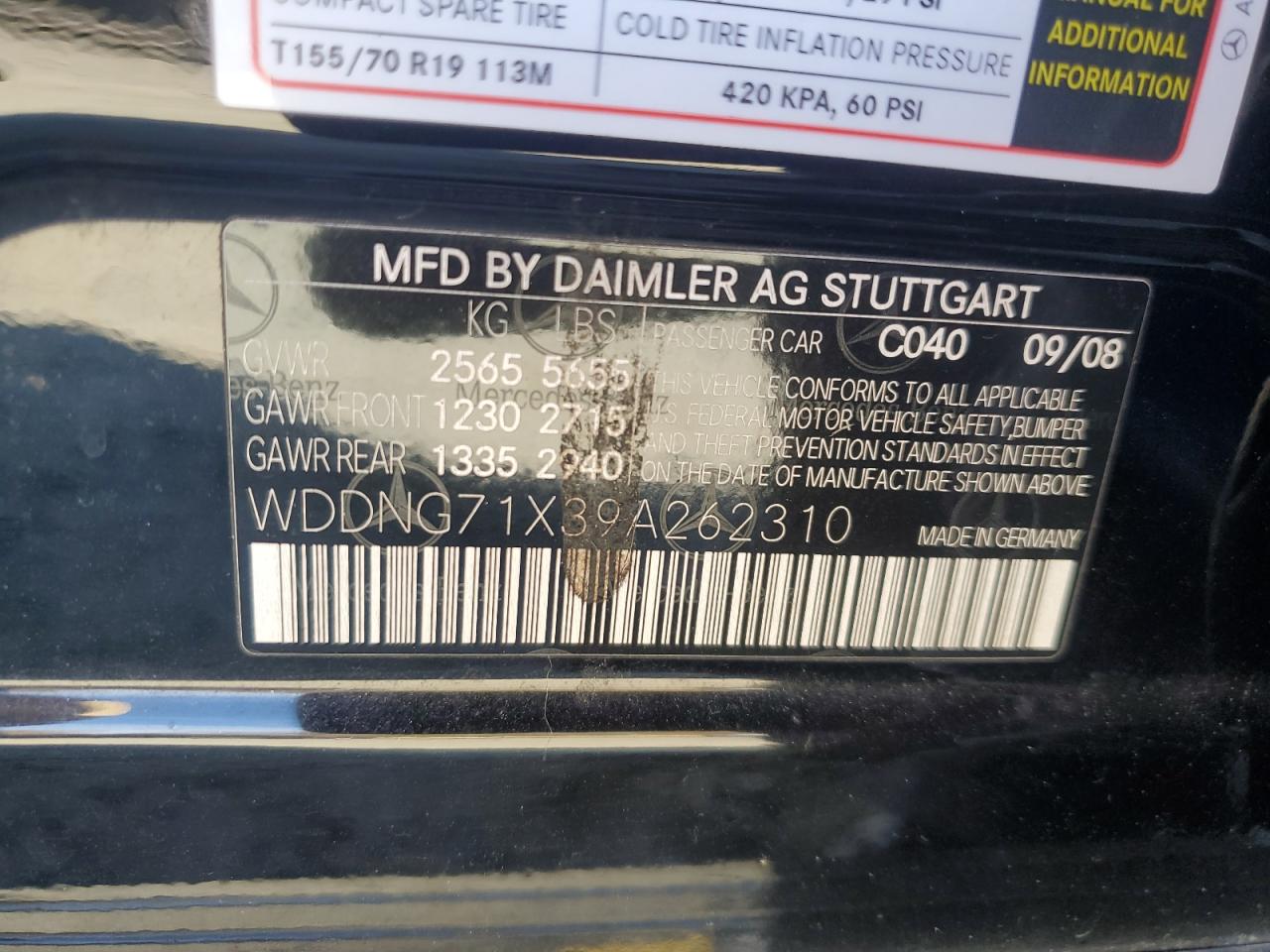 2009 Mercedes-Benz S 550 VIN: WDDNG71X39A262310 Lot: 91231155