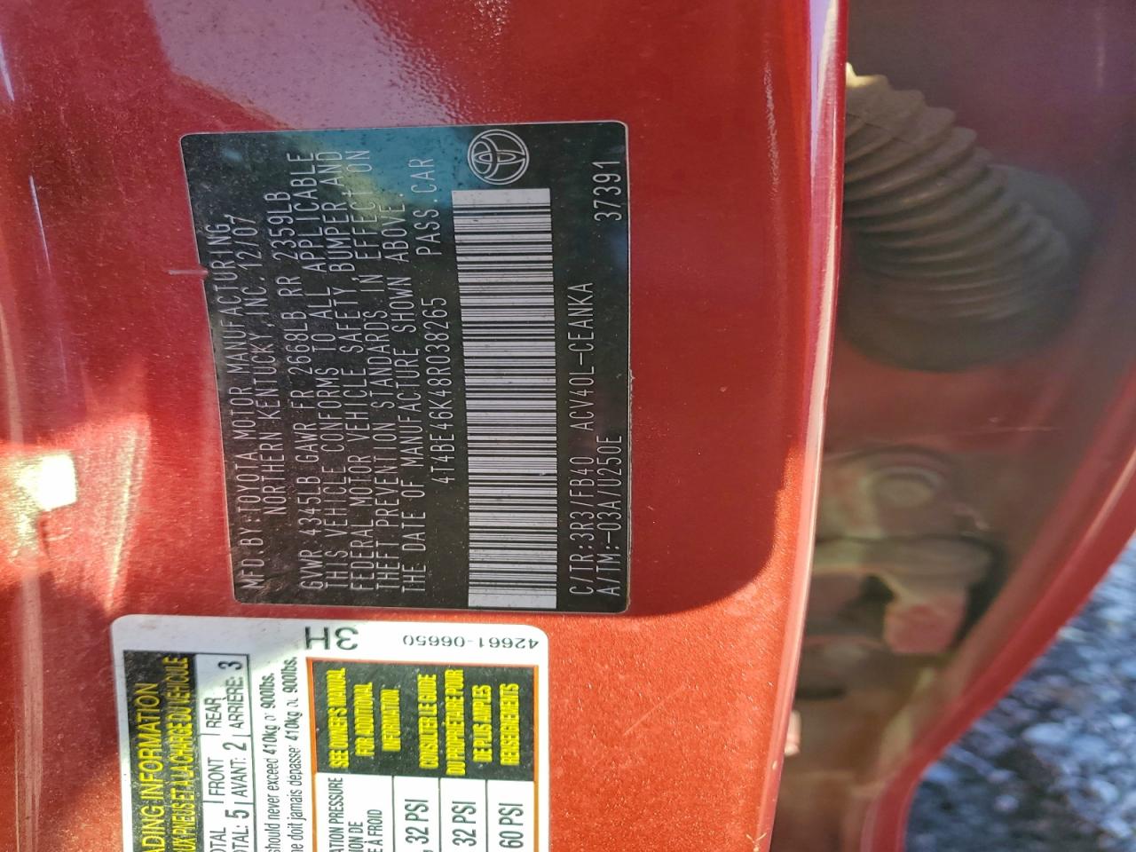 2008 Toyota Camry Ce VIN: 4T4BE46K48R038265 Lot: 94714395