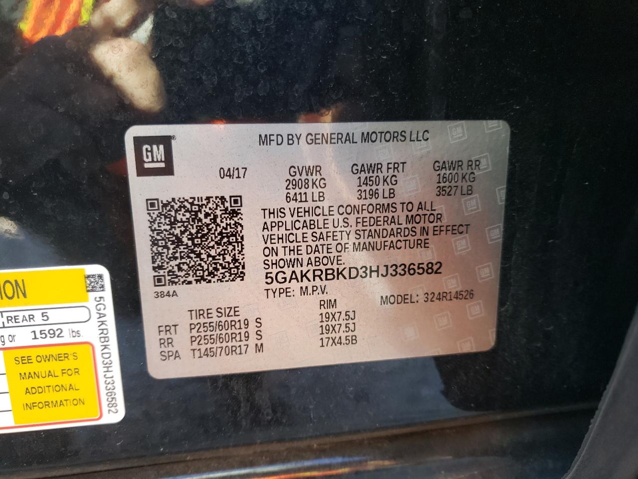 2017 Buick Enclave VIN: 5GAKRBKD3HJ336582 Lot: 92437305