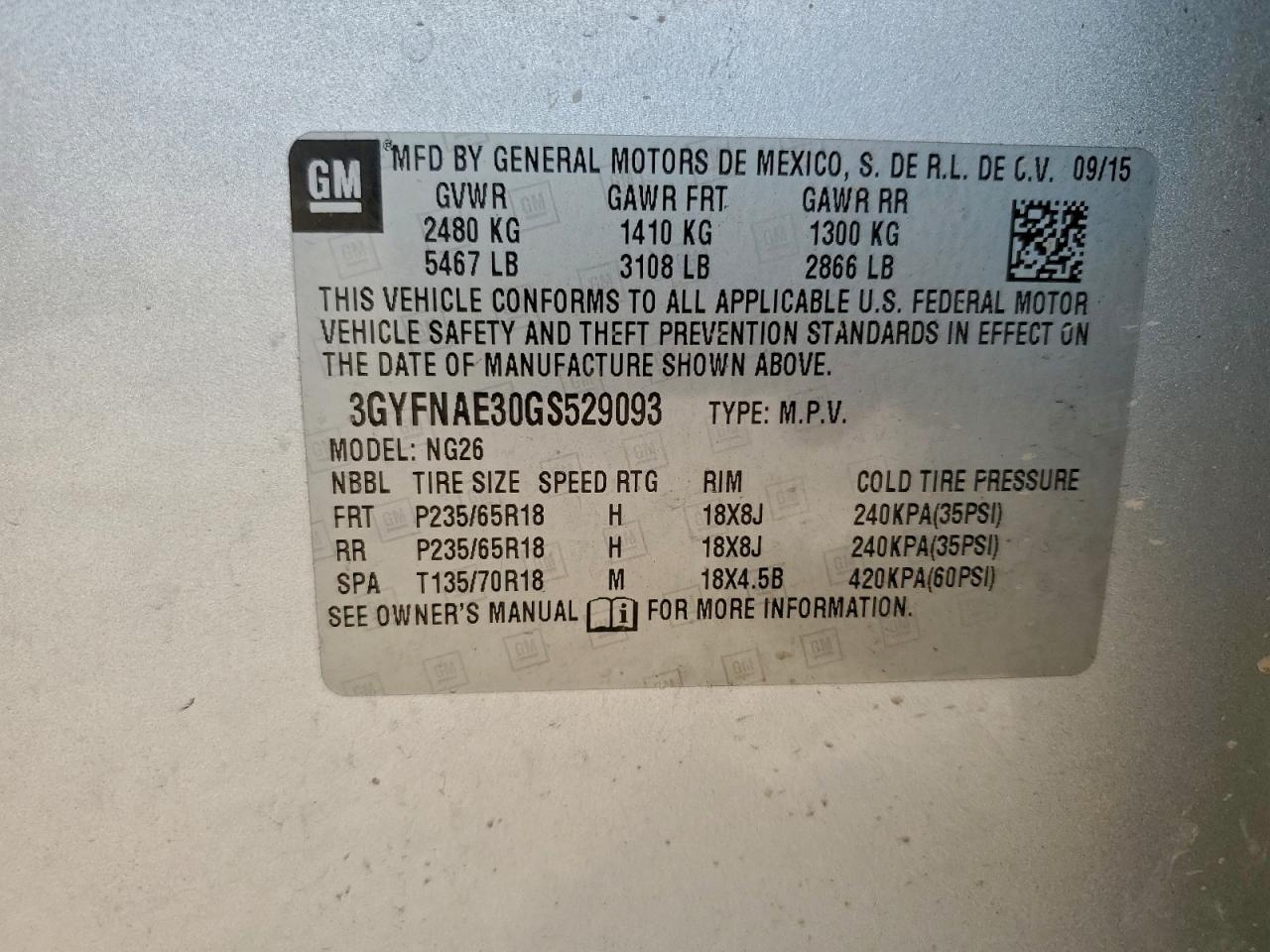 2016 Cadillac Srx VIN: 3GYFNAE30GS529093 Lot: 94397695