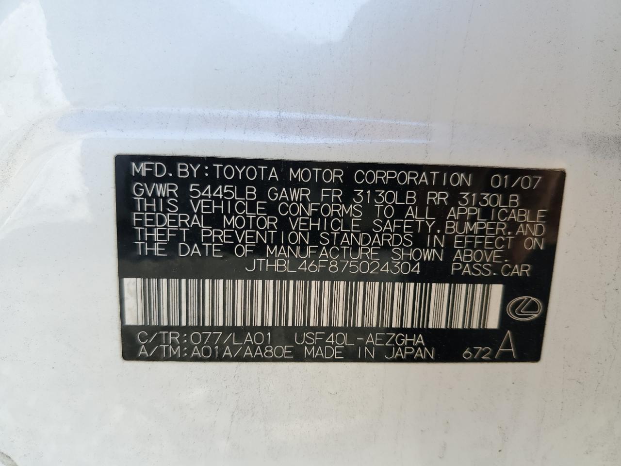 2007 Lexus Ls 460 VIN: JTHBL46F875024304 Lot: 90759425