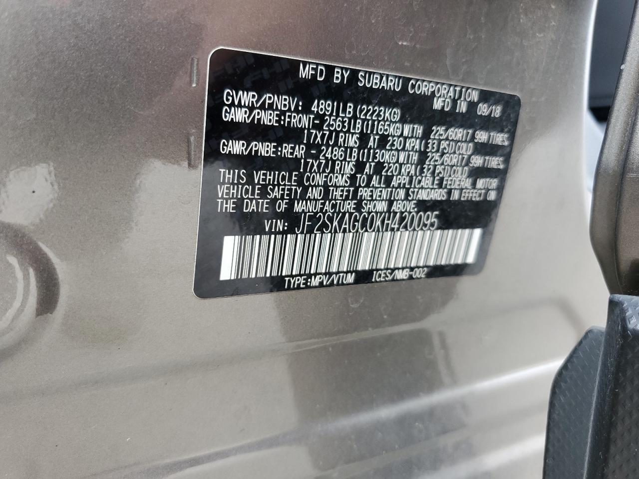 2019 Subaru Forester Premium VIN: JF2SKAGC0KH420095 Lot: 93417105