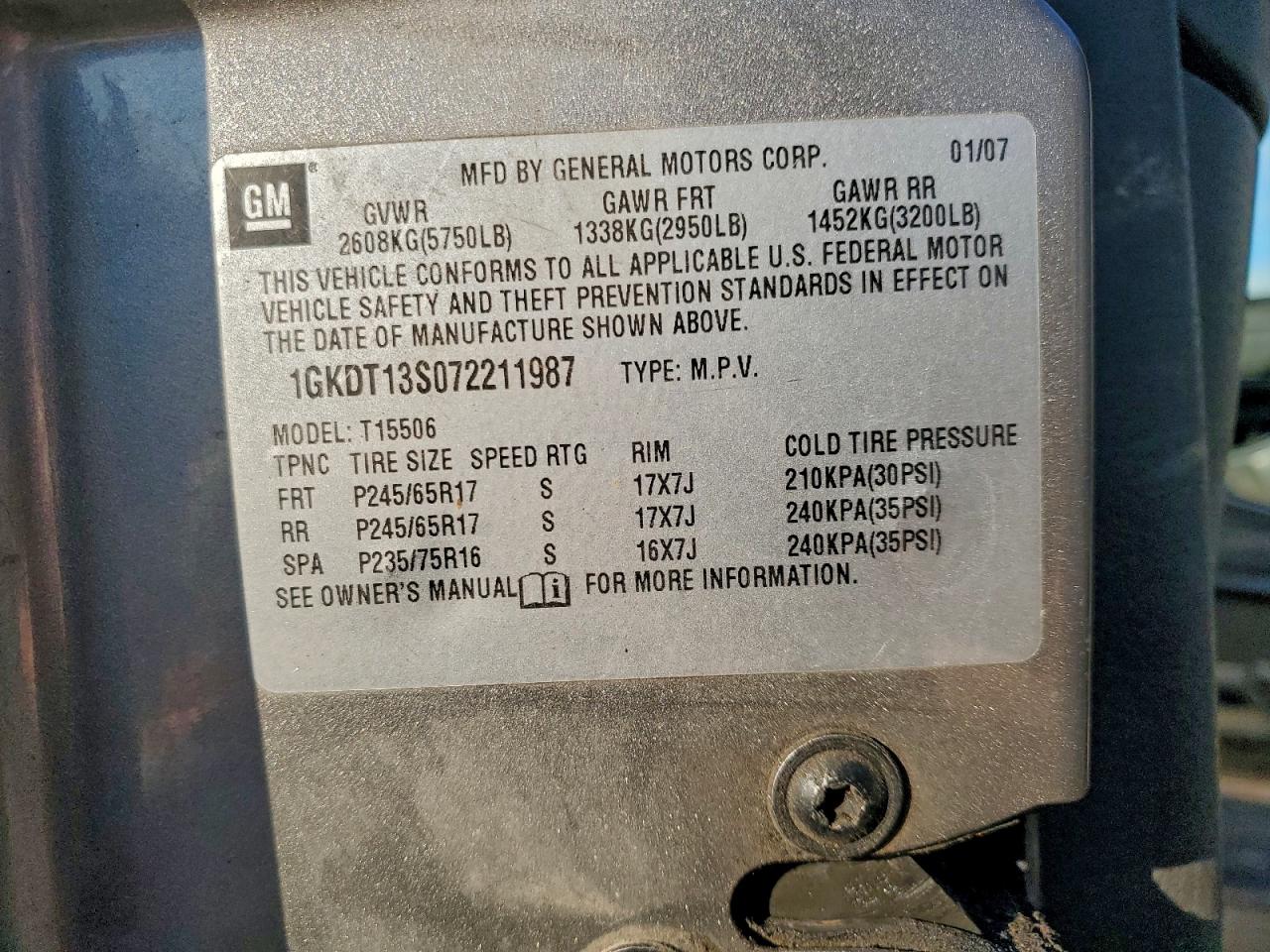 2007 GMC Envoy VIN: 1GKDT13S072211987 Lot: 94358625