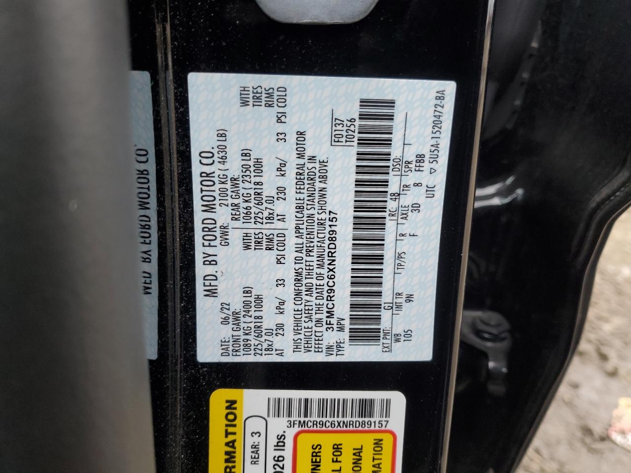 2022 Ford Bronco Sport Outer Banks VIN: 3FMCR9C6XNRD89157 Lot: 92511395