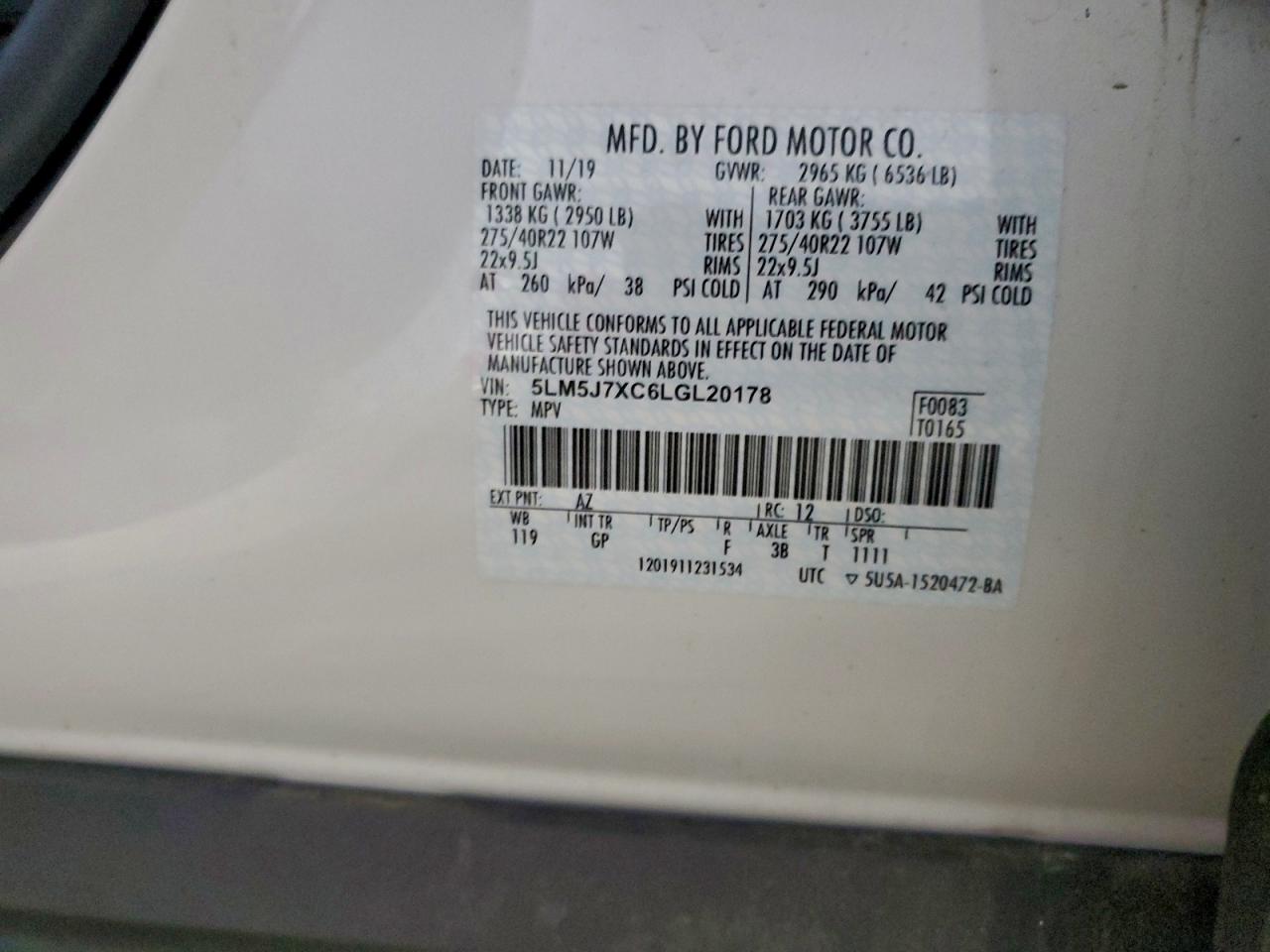 2020 Lincoln Aviator Reserve VIN: 5LM5J7XC6LGL20178 Lot: 93567335