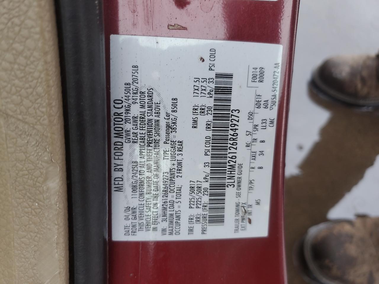 2006 Lincoln Zephyr VIN: 3LNHM26126R649273 Lot: 92899985