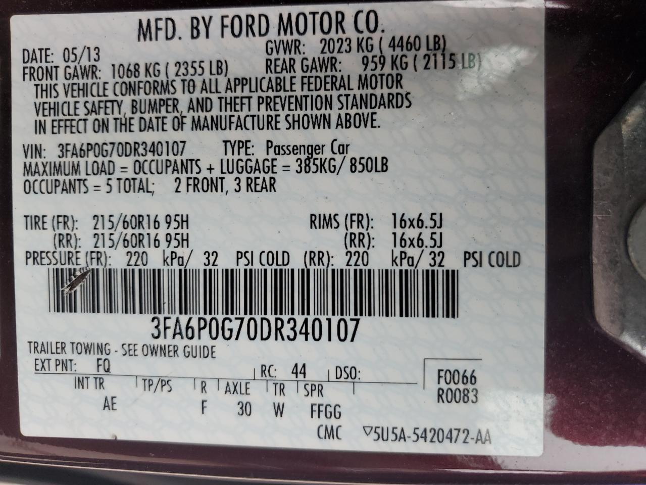 2013 Ford Fusion S VIN: 3FA6P0G70DR340107 Lot: 93552395