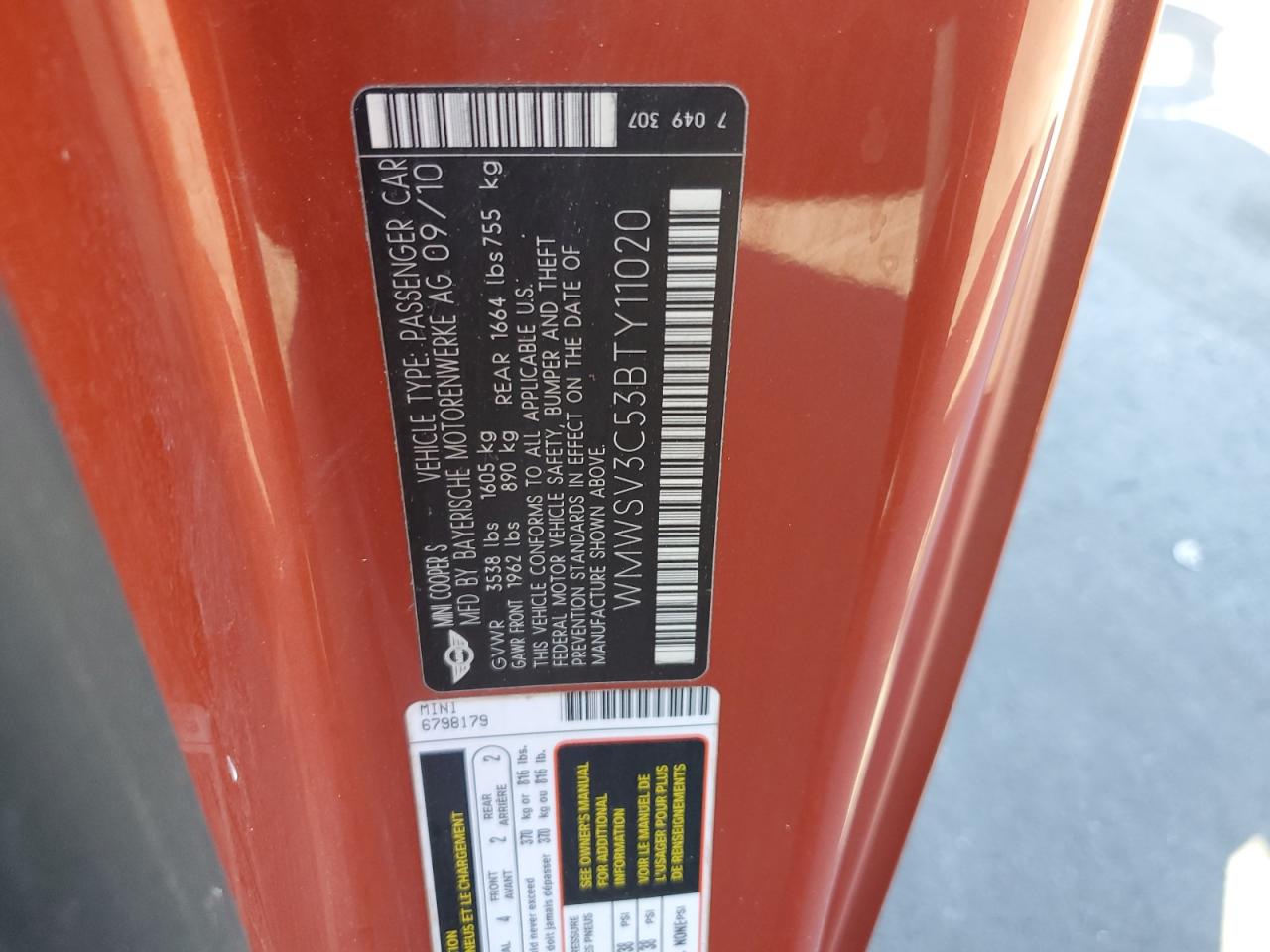 2011 Mini Cooper S VIN: WMWSV3C53BTY11020 Lot: 93028525