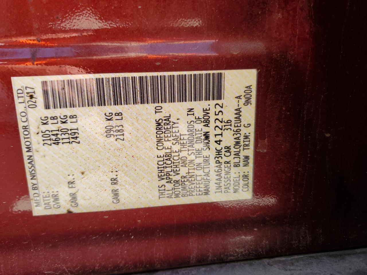 2017 Nissan Maxima 3.5S VIN: 1N4AA6AP3HC412252 Lot: 91619525