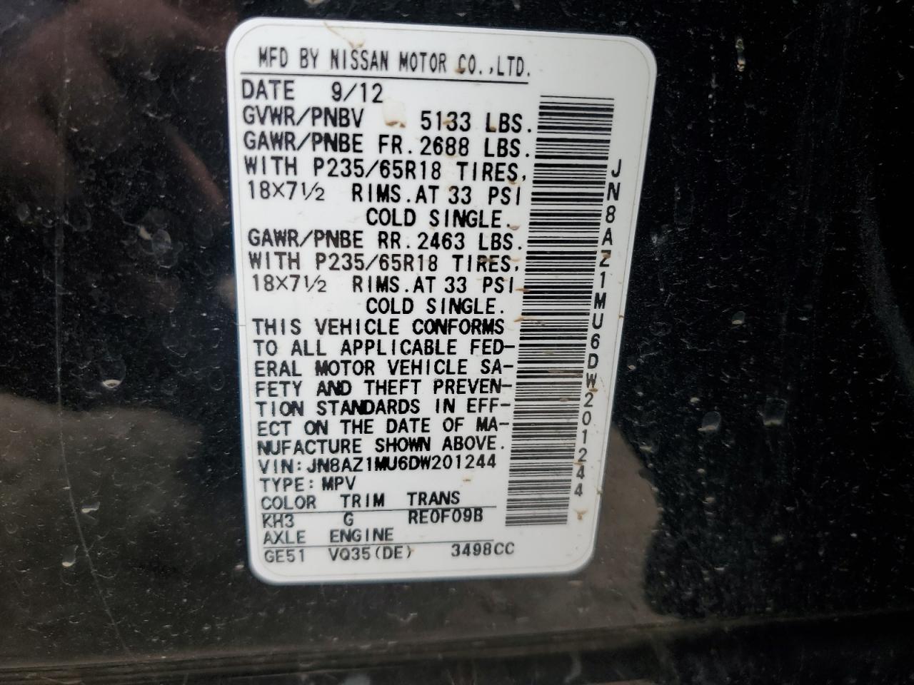 2013 Nissan Murano S VIN: JN8AZ1MU6DW201244 Lot: 92791785