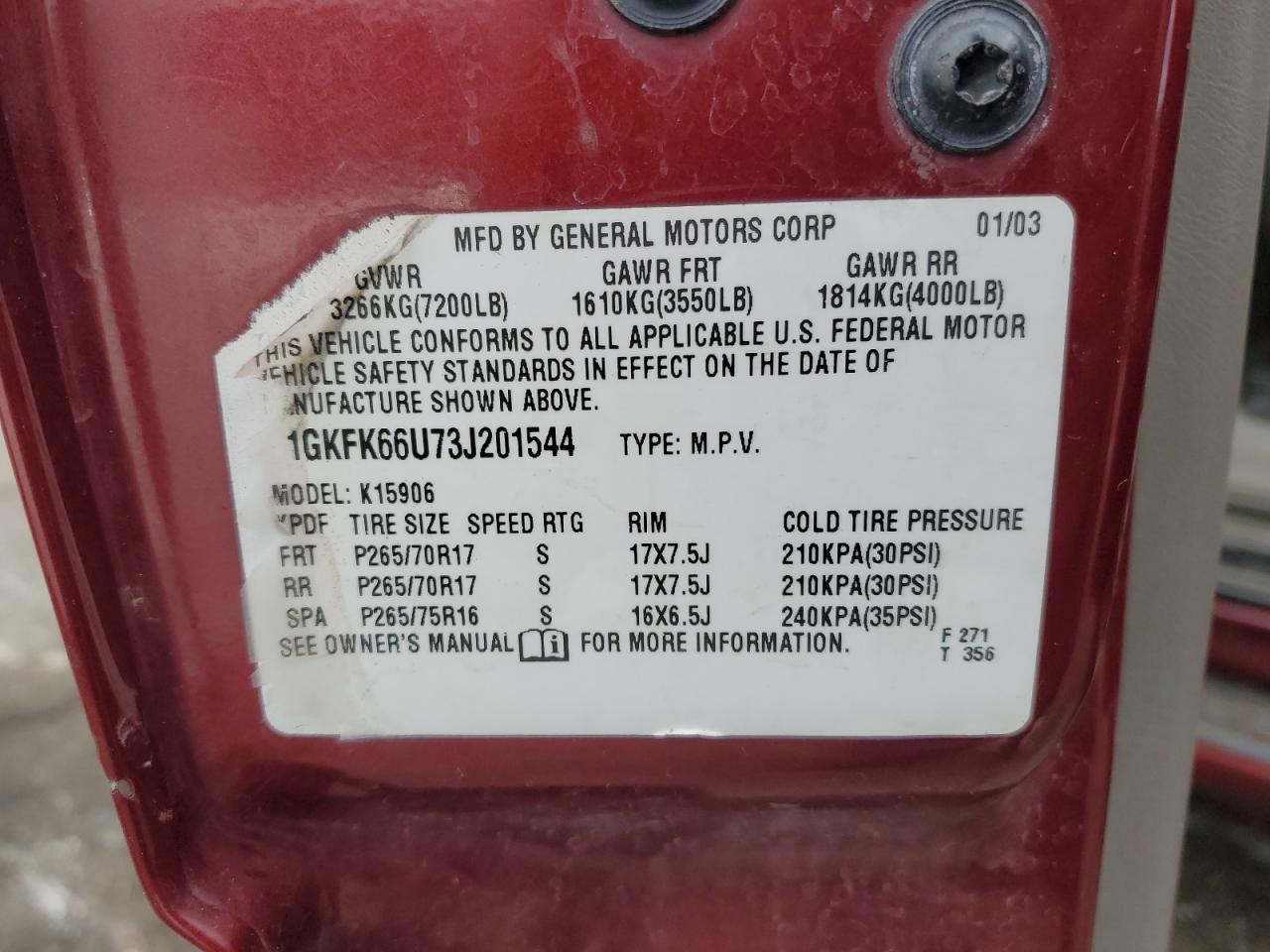 2003 GMC Yukon Xl Denali VIN: 1GKFK66U73J201544 Lot: 92572325