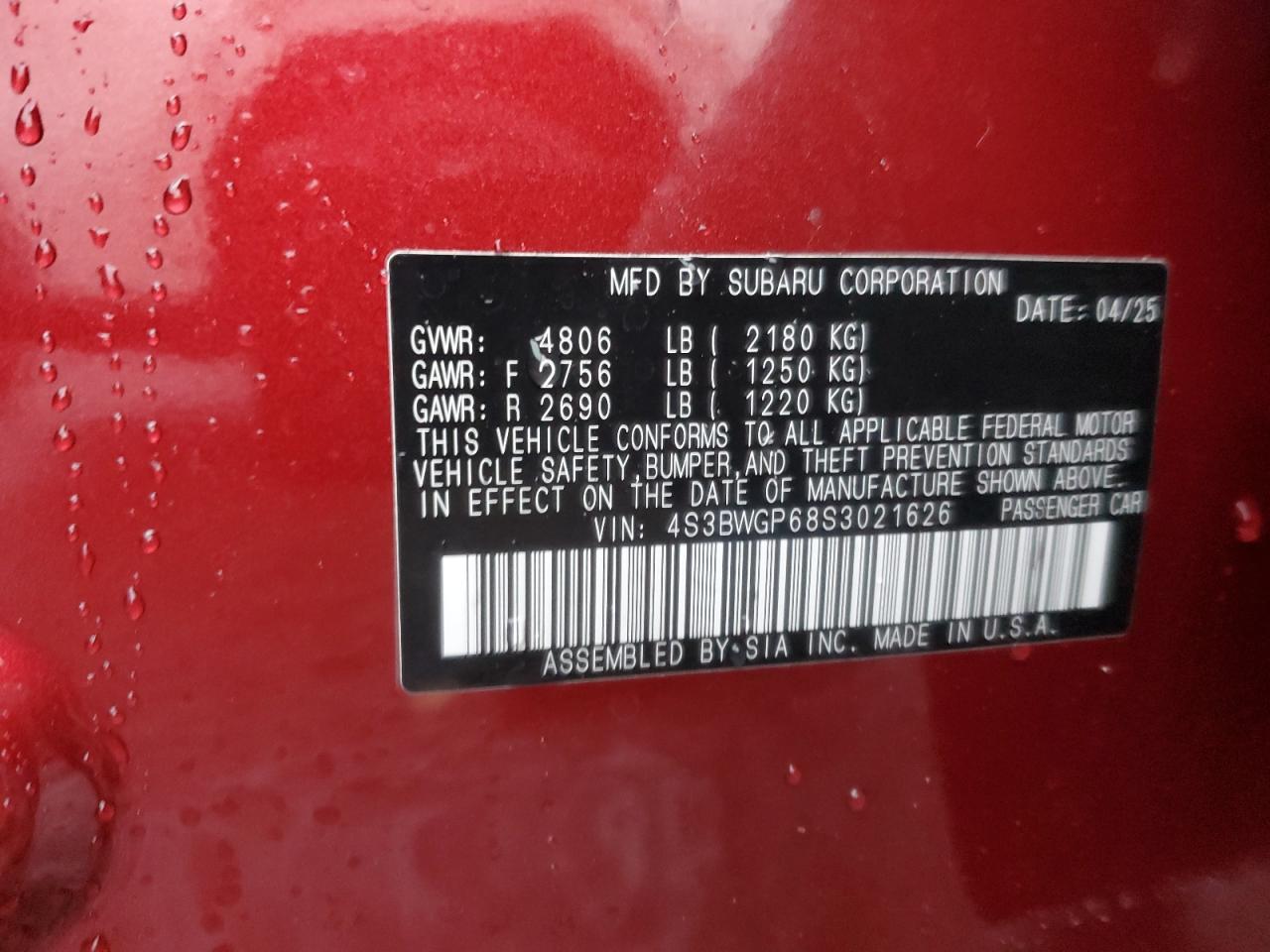 2025 Subaru Legacy Touring Xt VIN: 4S3BWGP68S3021626 Lot: 89846825