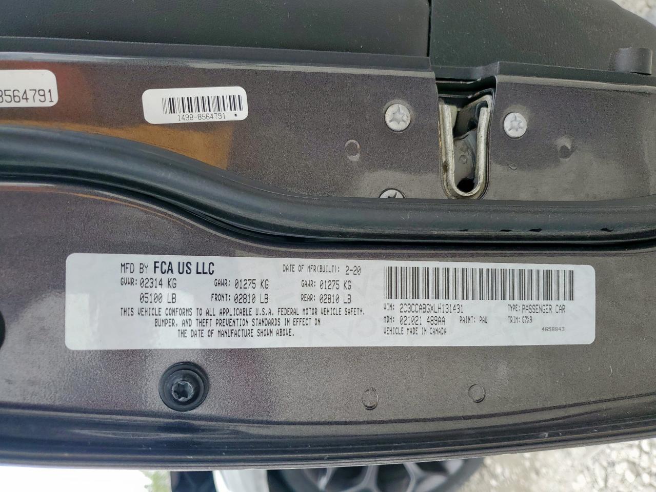 2020 Chrysler 300 S VIN: 2C3CCABGXLH131431 Lot: 92698505