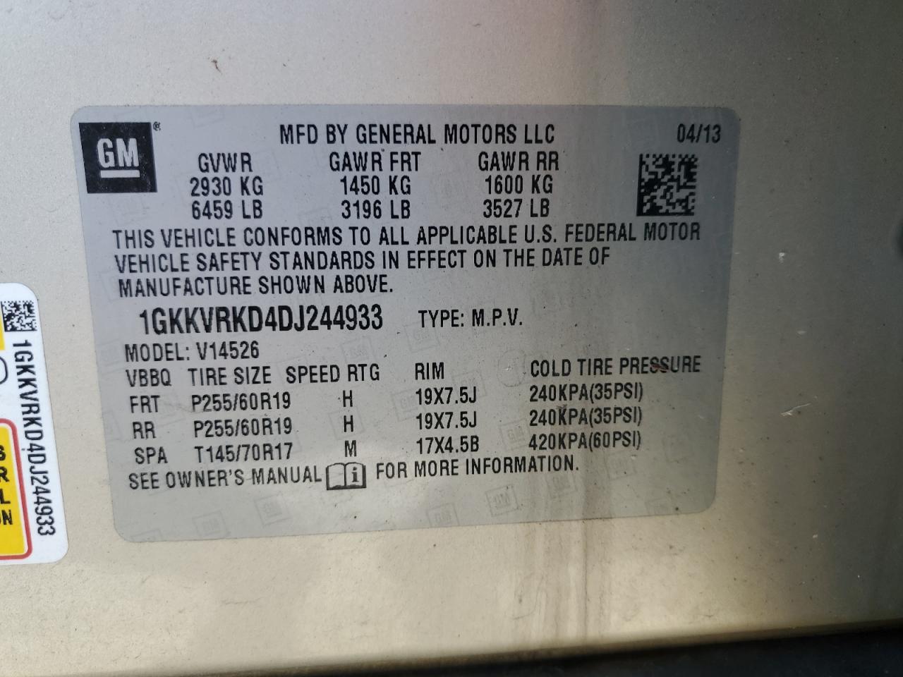 2013 GMC Acadia Slt-1 VIN: 1GKKVRKD4DJ244933 Lot: 91246625