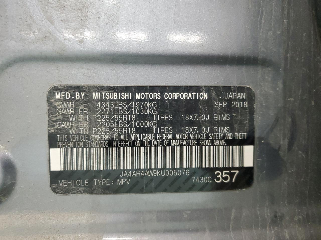 2019 Mitsubishi Outlander Sport Gt VIN: JA4AR4AW9KU005076 Lot: 92472055