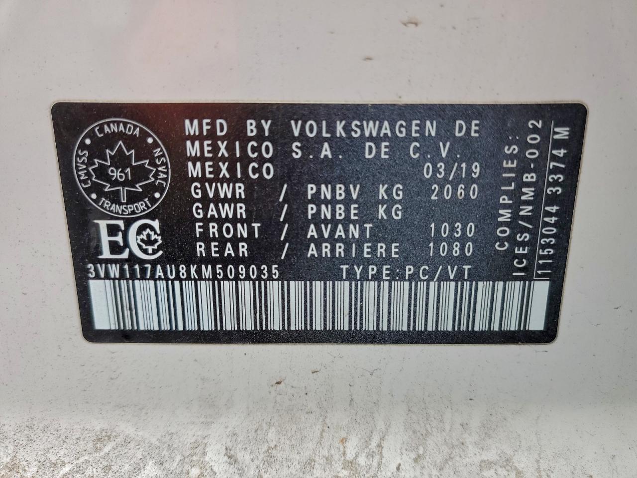 2019 Volkswagen Golf Sportwagen S VIN: 3VW117AU8KM509035 Lot: 91566815