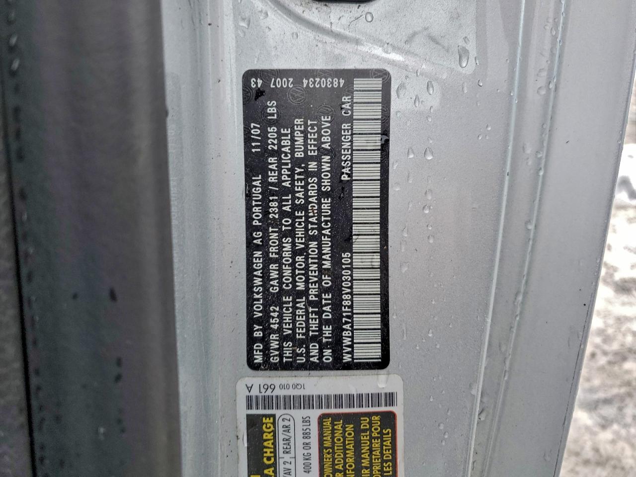 2008 Volkswagen Eos Turbo VIN: WVWBA71F88V030105 Lot: 94339945